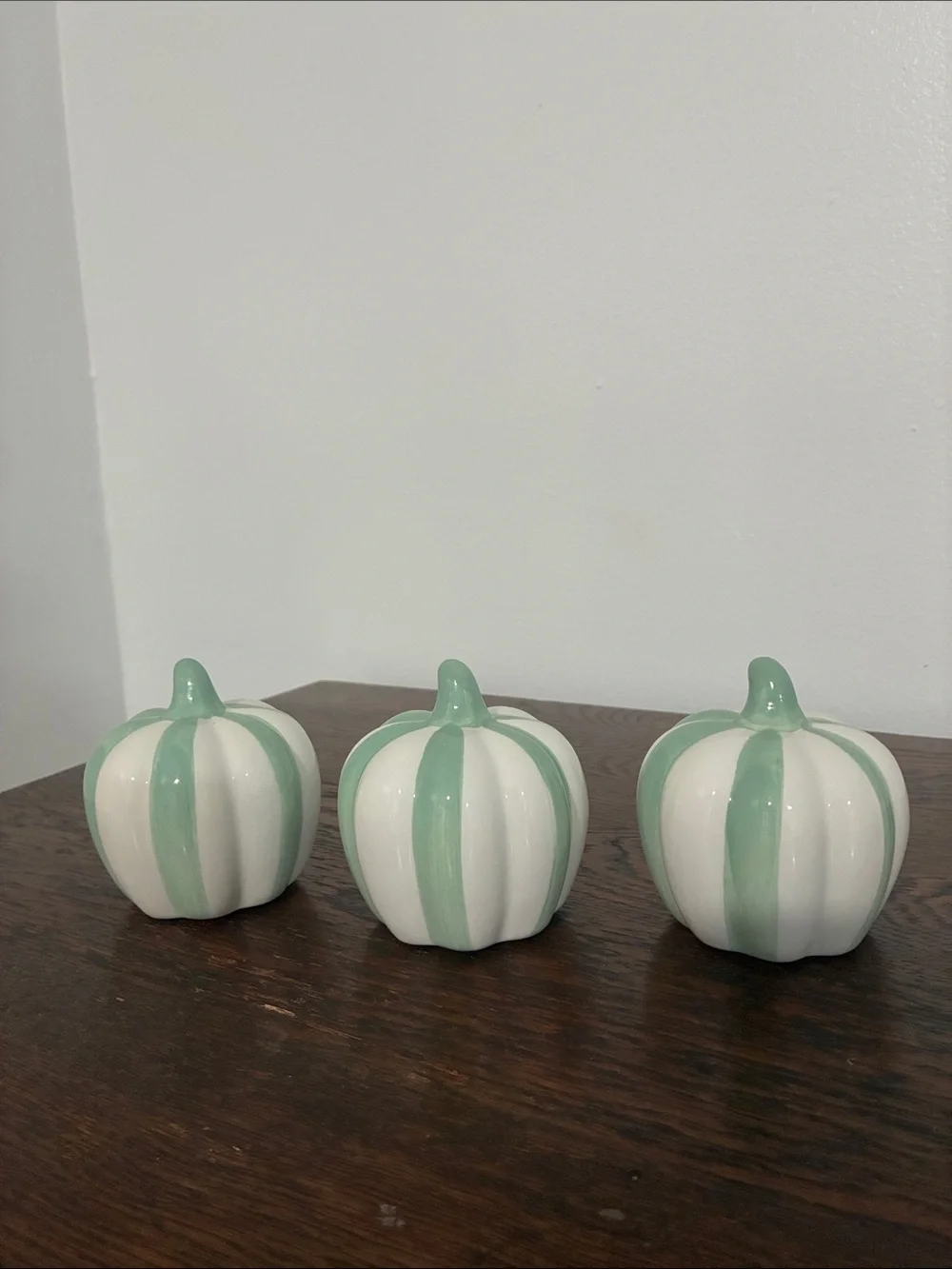 NWT- Set of 3- White & Mint Green Stripe Ceramic Pumpkins